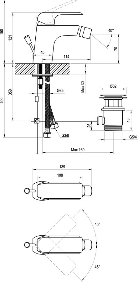 Mitigeur de bidet sur pied Flat