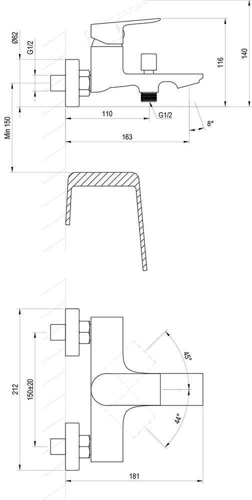 Mitigeur mural de baignoire Plan PN 022.00