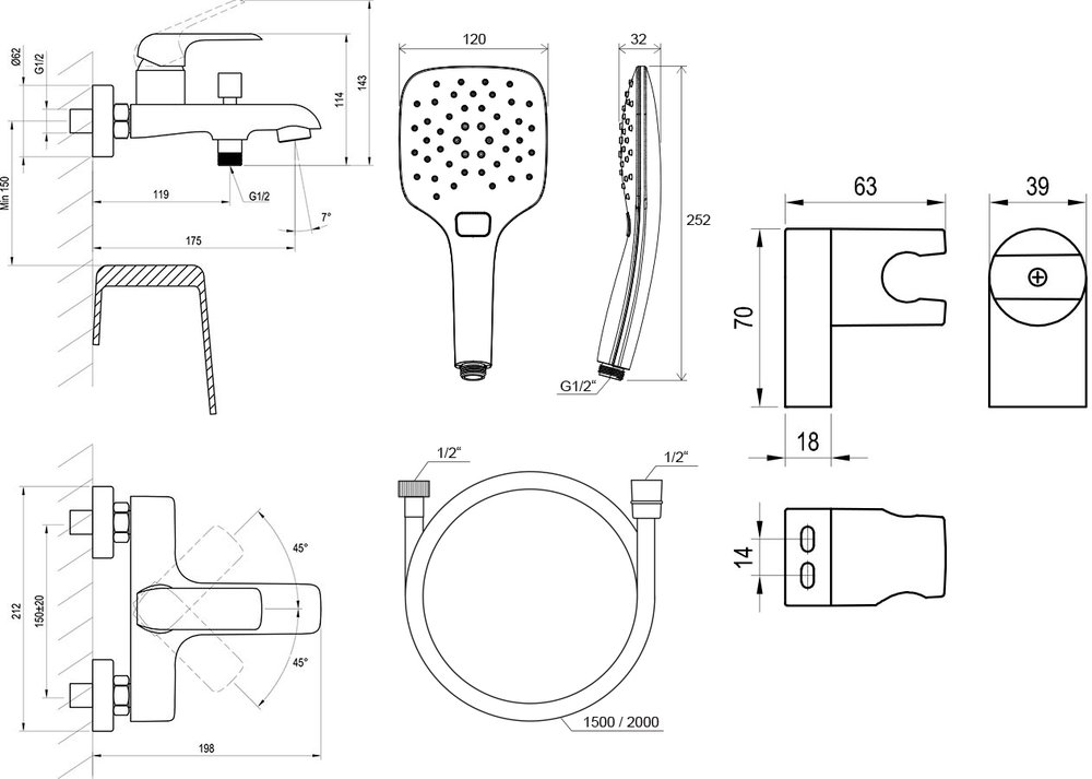 Wannen-Wandarmatur Flat FL 022 mit Duschset