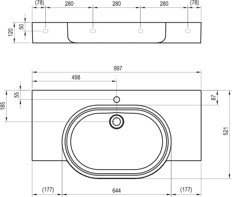 Waschbecken ARC 100/65 S, mit Hahnloch