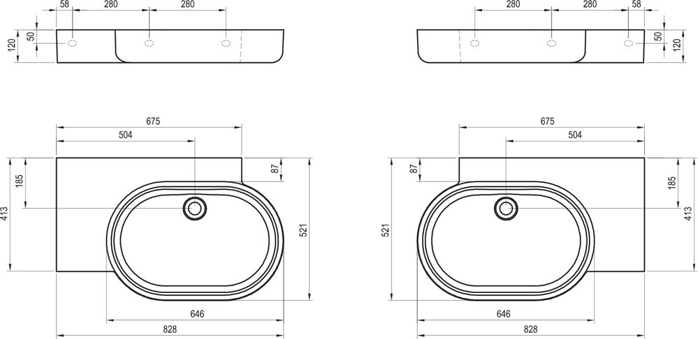 Waschbecken ARC 83/65 L/R, ohne Hahnloch