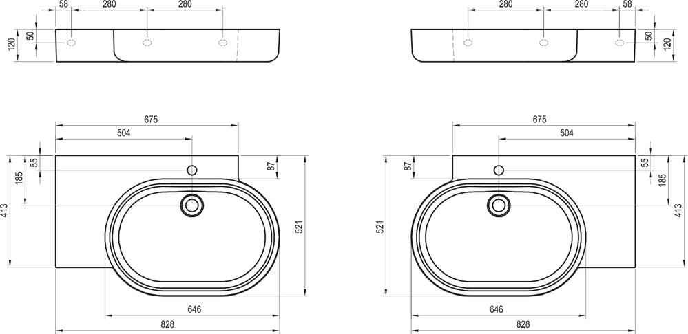 Waschbecken ARC 83/65 L/R, mit Hahnloch