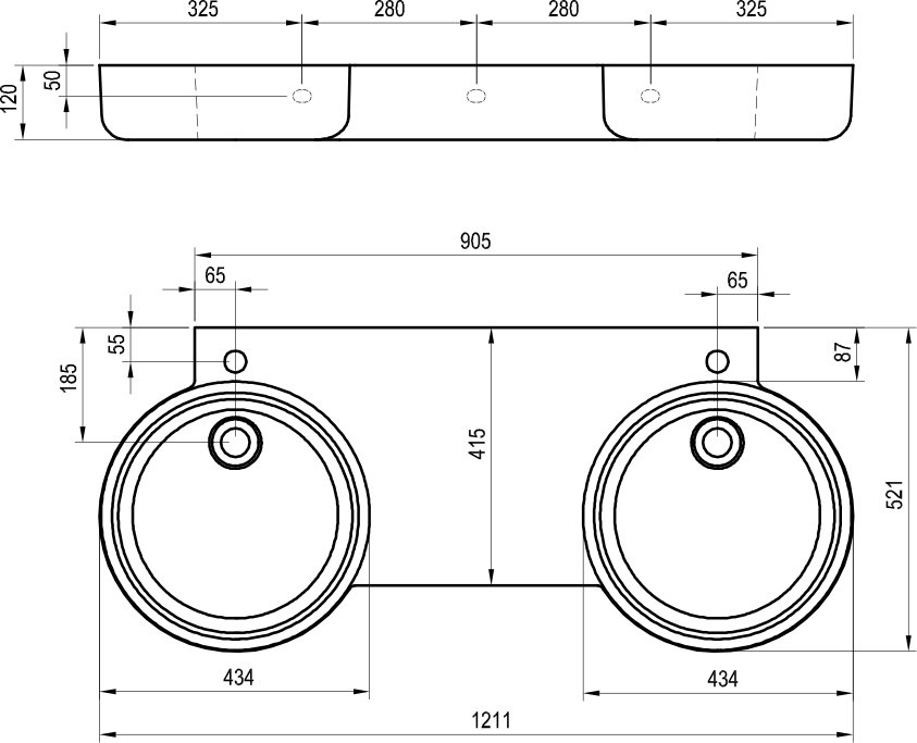 Double lavabo ARC 120, avec trou